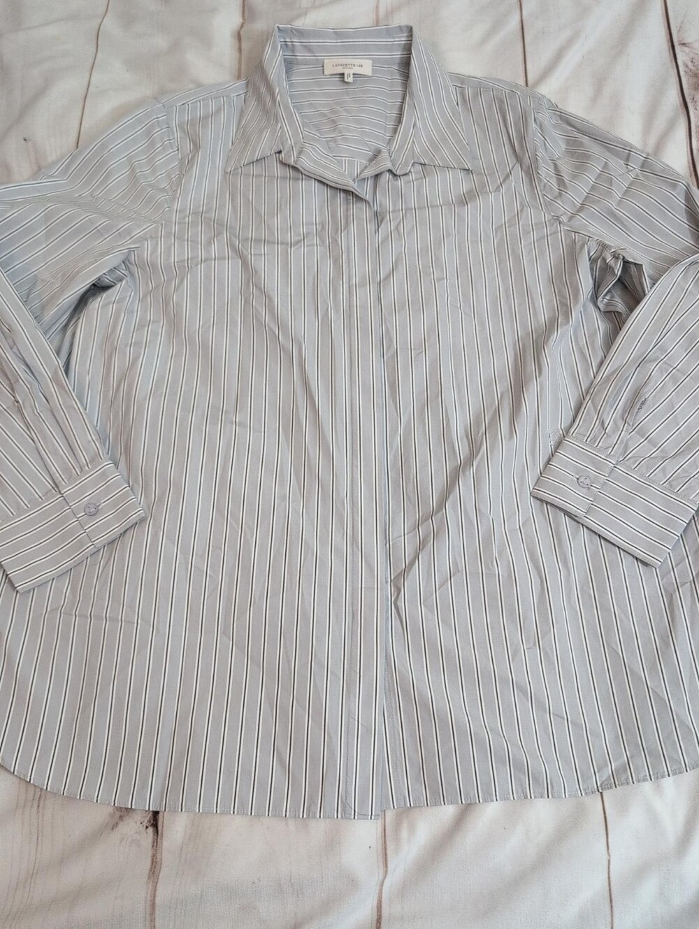 Lafayette 148 New York Cotton Striped Shirt XL Gray White Hidden Button